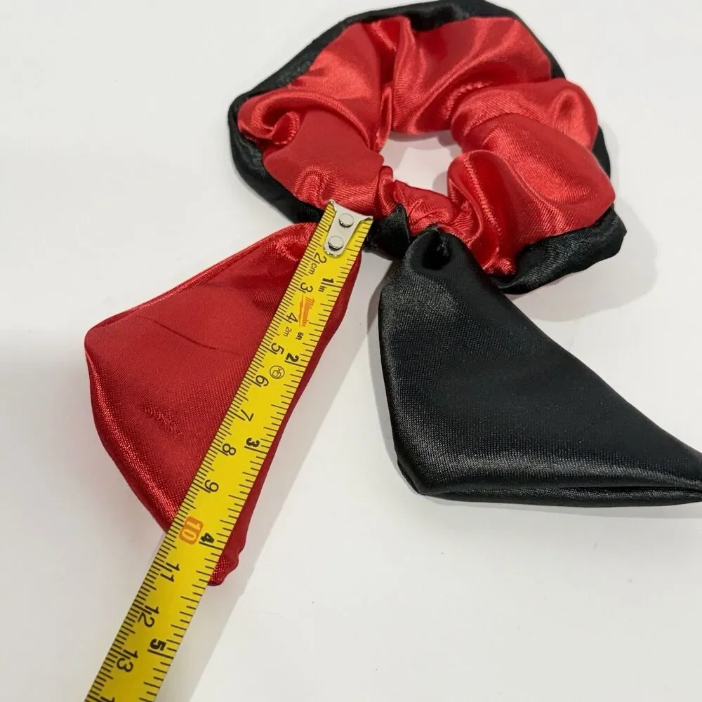 Handmade Red Black Satin Scrunchie Scarf Bow Hair Tie Ponytail Holder